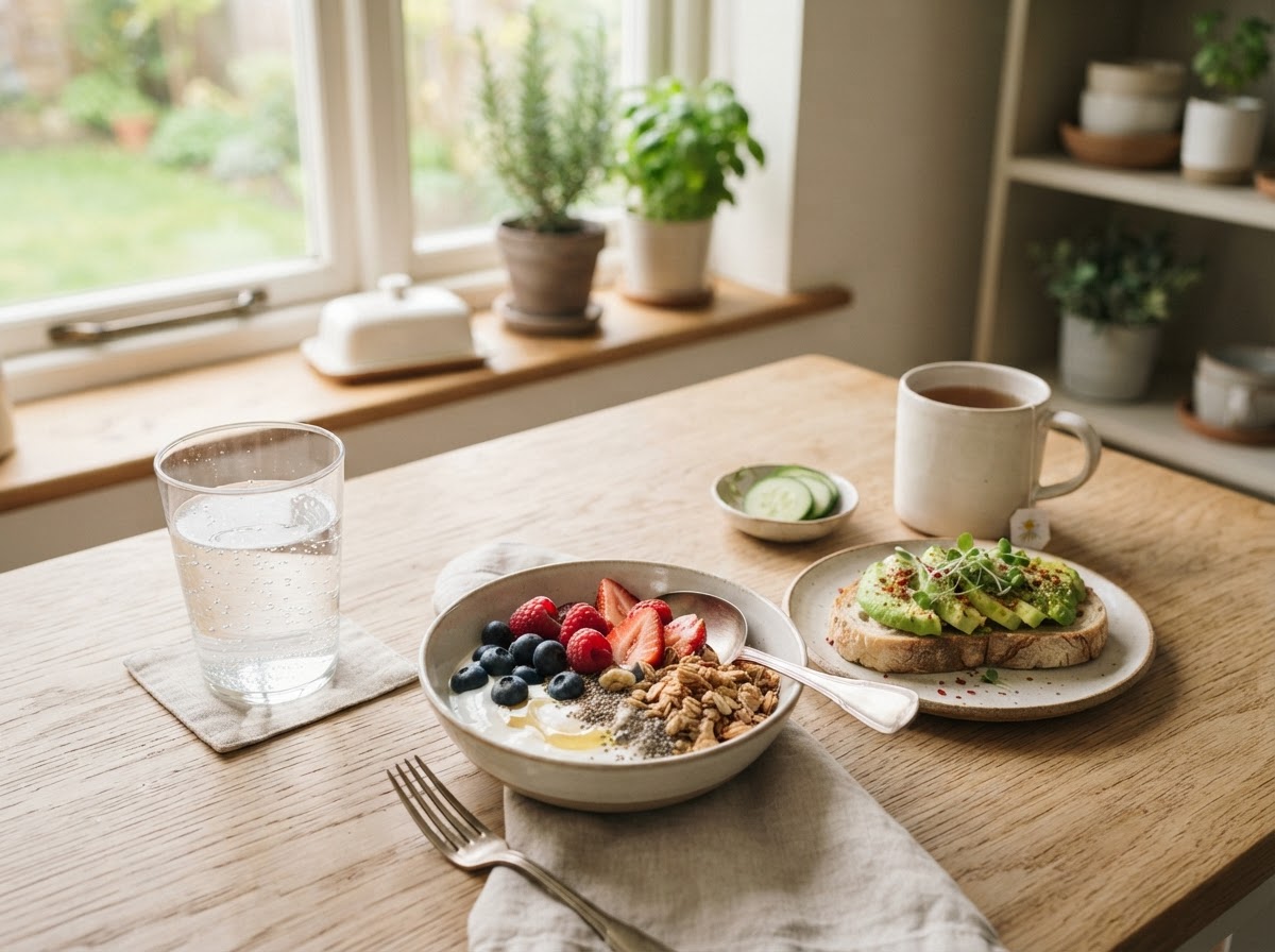 Morning routine with water glass and daily supplement on a table