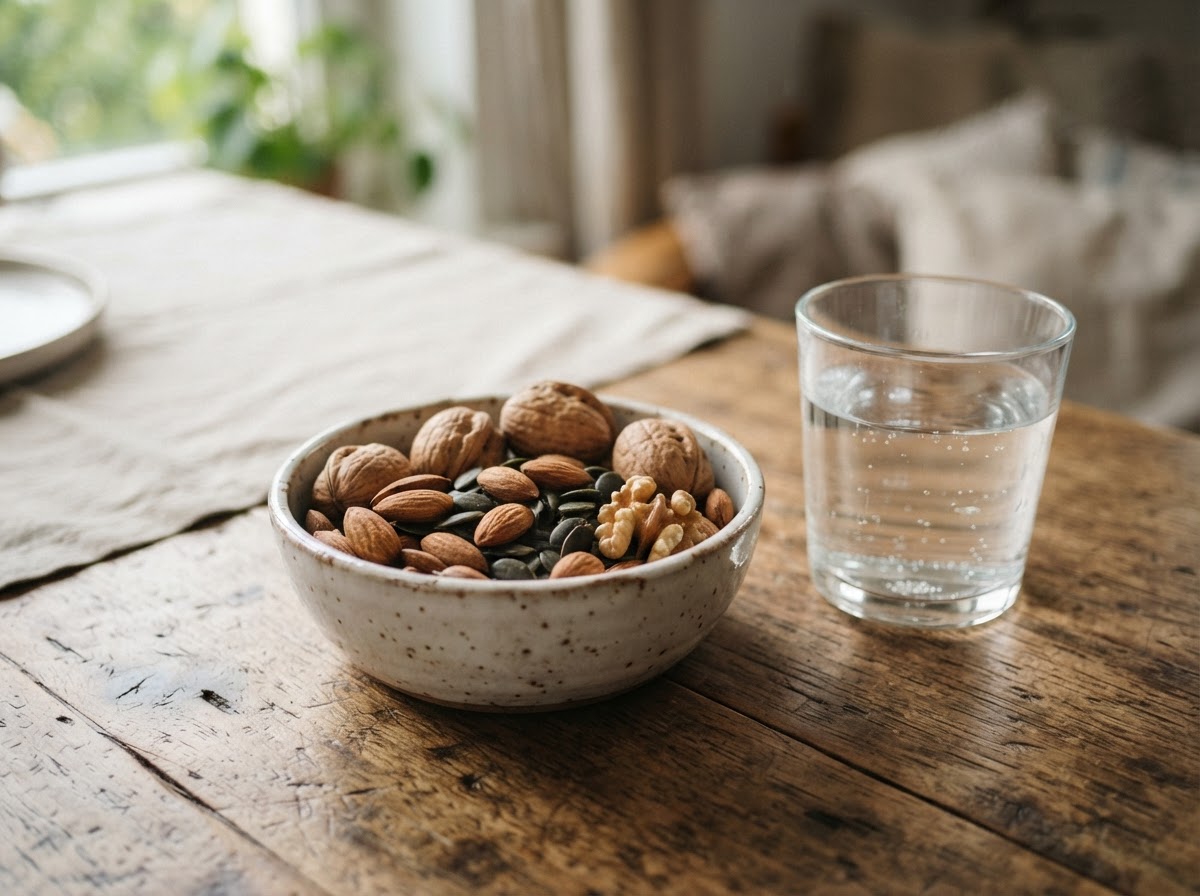Nuts, seeds, and leafy greens providing magnesium and minerals